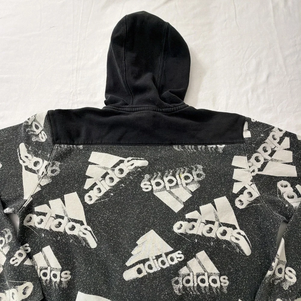 Adidas Mens All Over Logo Print Hoodie Black White Distressed Graphic Sweatshirt